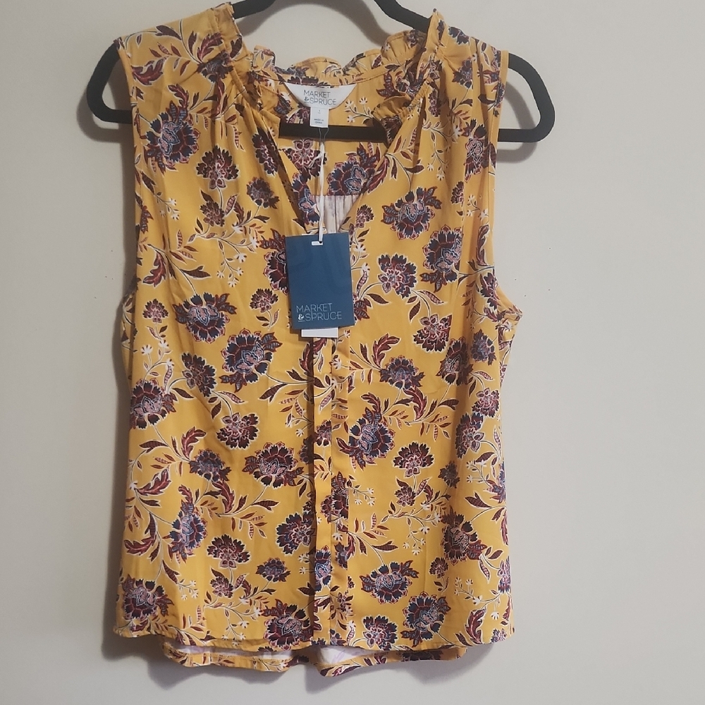 NEW Market & Spruce Mustard and Purple Floral Blouse Large